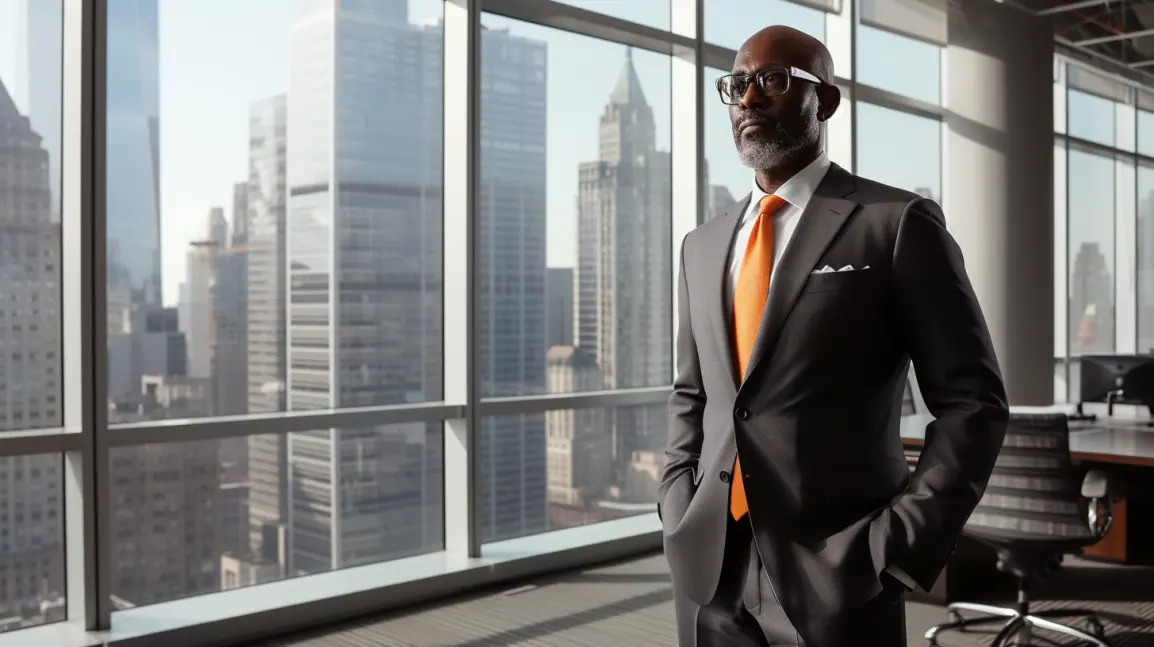 A 60-year-old African American interviewing for a job in a $3,000 Armani suit, standing tall and confident, the suit perfectly tailored showcasing sophistication and wealth, in a modern, sleek office with floor-to-ceiling windows overlooking a bustling city, the atmosphere oozing success and ambition.
