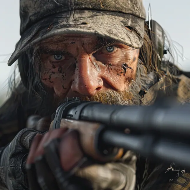 A seasoned marksman with a distinct salt-and-pepper beard takes aim. His hair, peppered with shades of experience, peeks out from beneath a well-worn baseball cap, casting a shadow over his determined, steel-blue eyes.