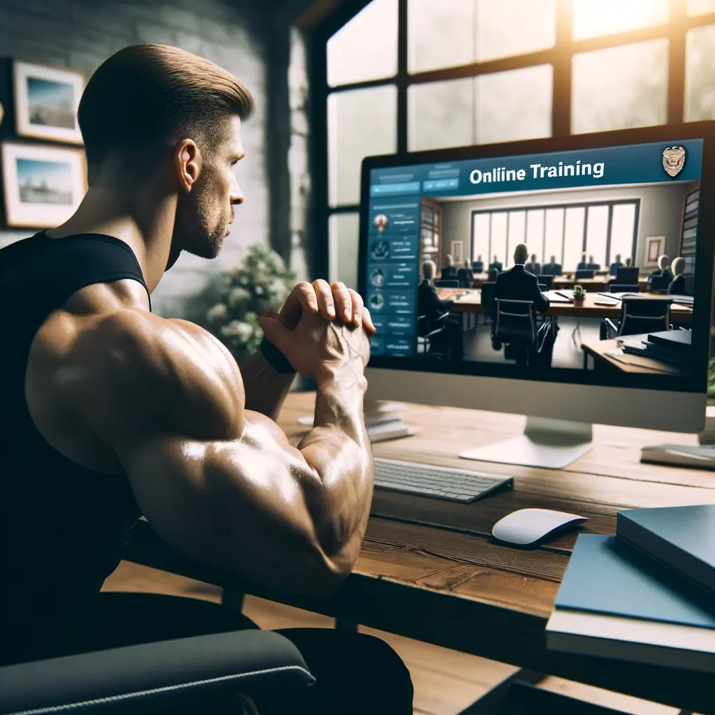 A man participating in online virtual training he’s looking at his monitor intensely.